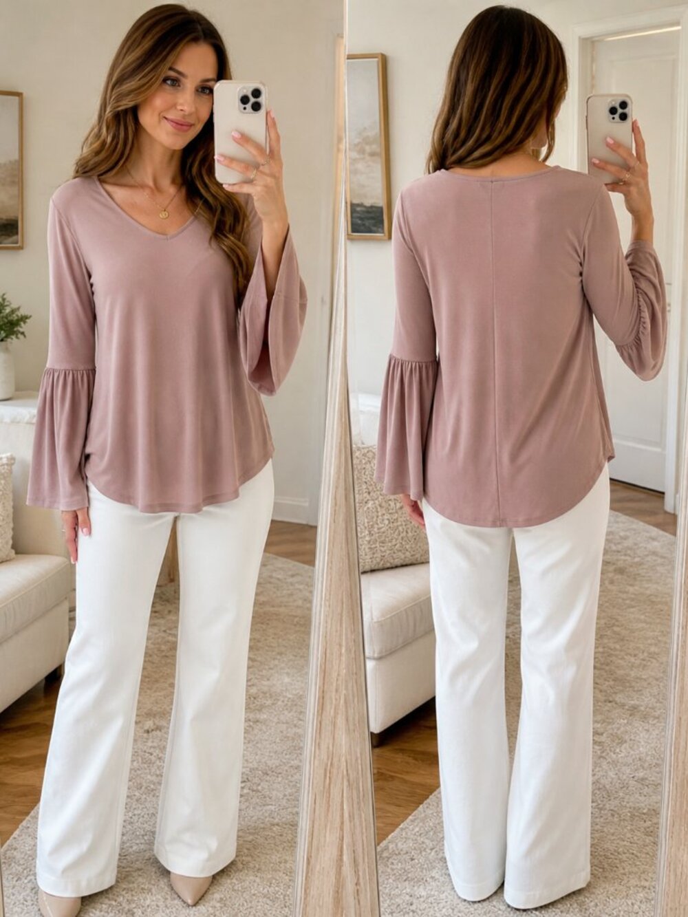 Ann Taylor Mauve Bell Sleeve V-Neck Top | Sz S